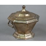 Proto-Art Deco style octagonal sugar basin of tapering form with hinged cover and handles, Samuel