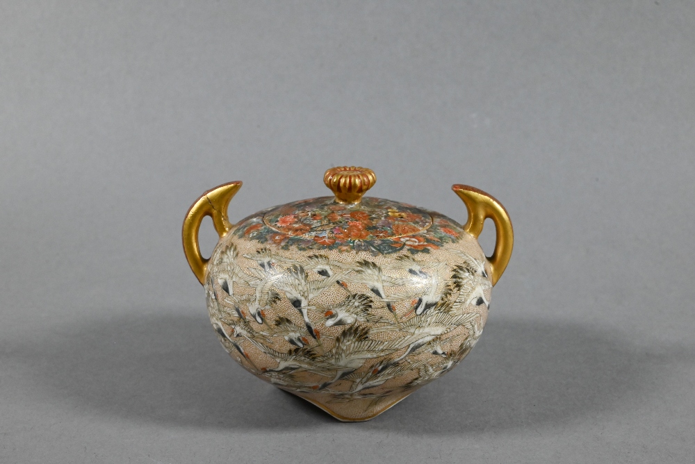 A small Satsuma twin-handled koro and cover with chrysanthemum finial,  gilded and finely painted in