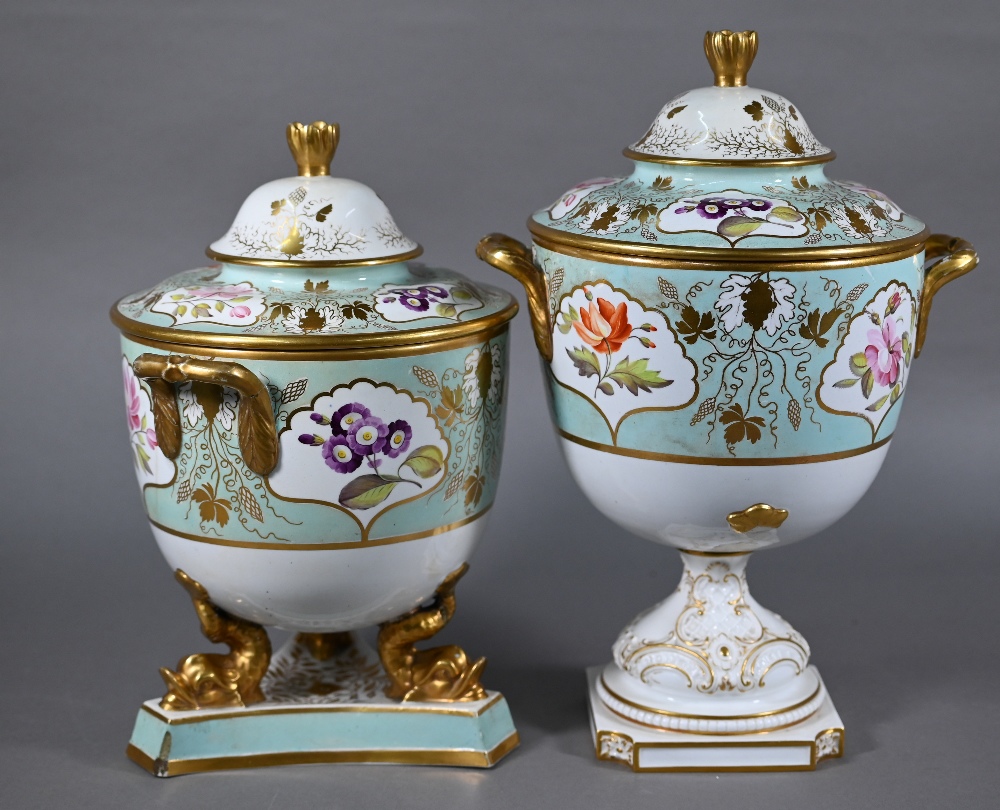 Two early 19th century turquoise-ground and gilt covered urns, the reserves painted with floral - Image 2 of 8