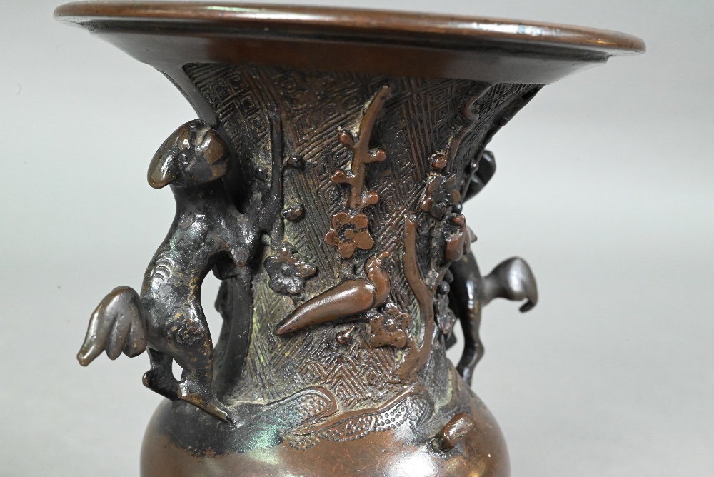 Four late 19th or early 20th century Japanese bronzes comprising a small baluster vase with flared - Image 11 of 12