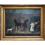 W Turner - A groom with horses before a coach house, oil on panel, signed lower left, 39 x 51 cm