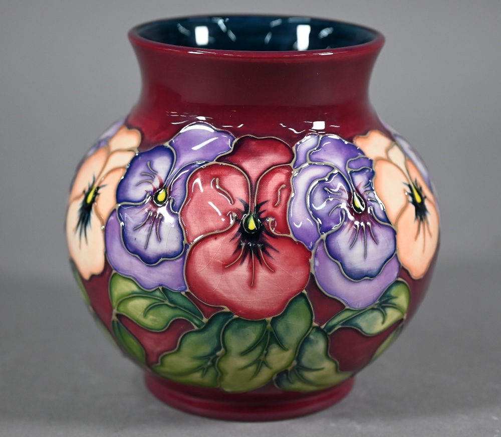 A Moorcroft 'Pansy' globular vase with flared neck, signed R Bishop, J Moorcroft & W M monogram, - Image 4 of 6