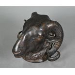 A cast bronze ram's head, 15 cm h