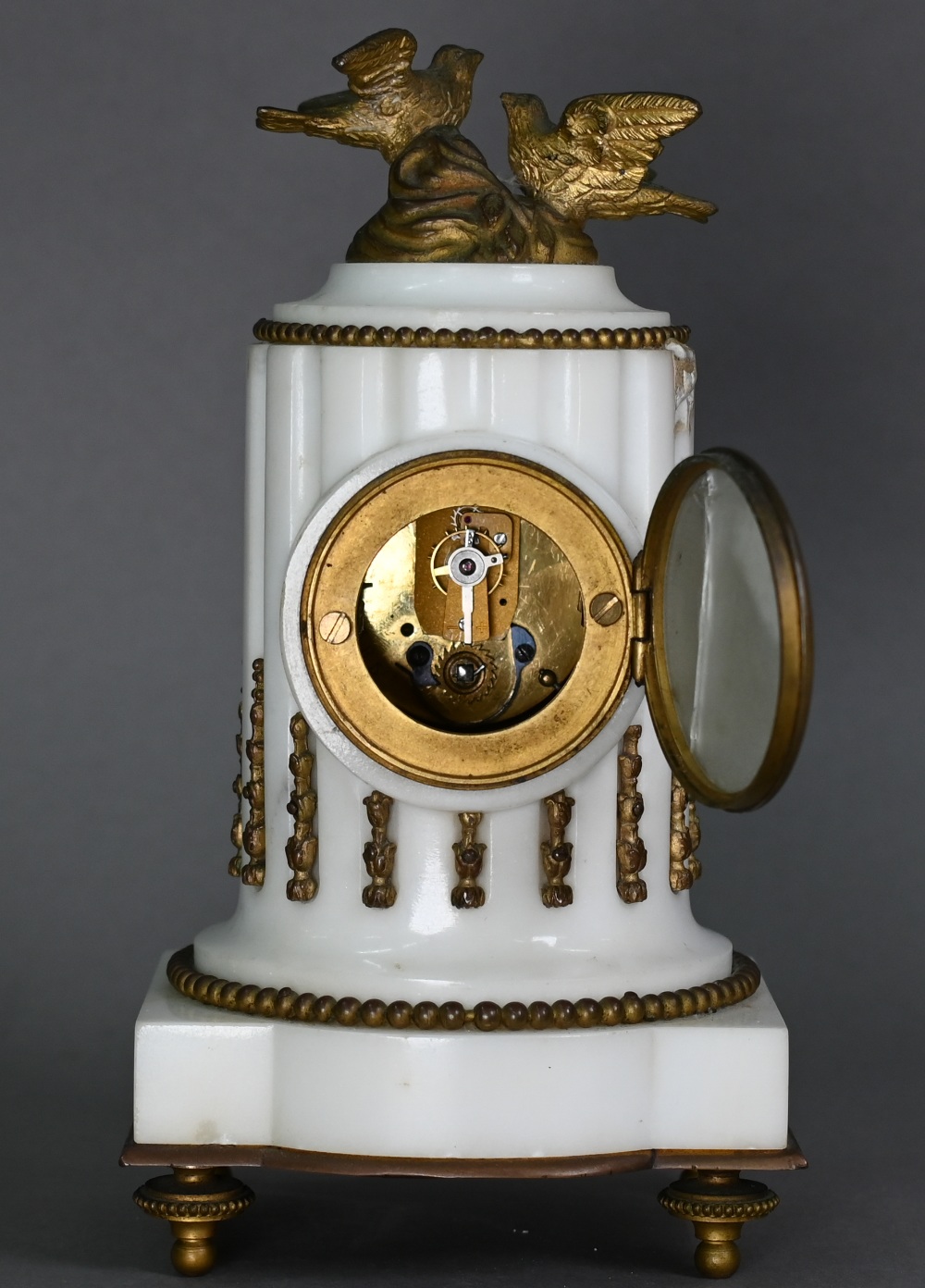 A late 19th century French gilt metal mounted white alabaster mantel clock, the 8-day single drum - Image 4 of 6