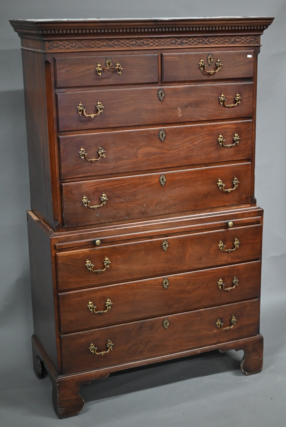 A George III mahogany chest on chest, the dentil moulded cornice over a blind fret frieze, two short - Image 2 of 5