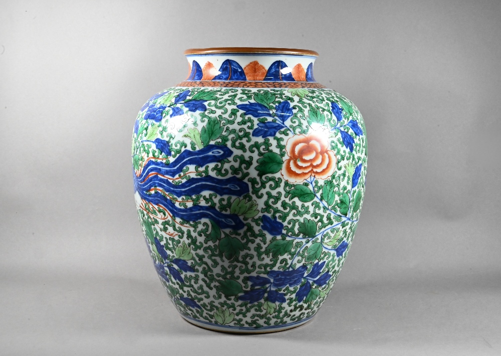 A large Chinese wucai vase, late Qing, painted in underglaze blue, copper red and polychrome enamels - Image 3 of 14