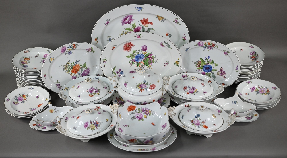 Quantity of  Dresden and Meissen outside-decorated dinner ware, with floral sprays, comprising; a