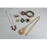 A small quantity of costume and other jewellery including half-hinged oval bangle, two silver