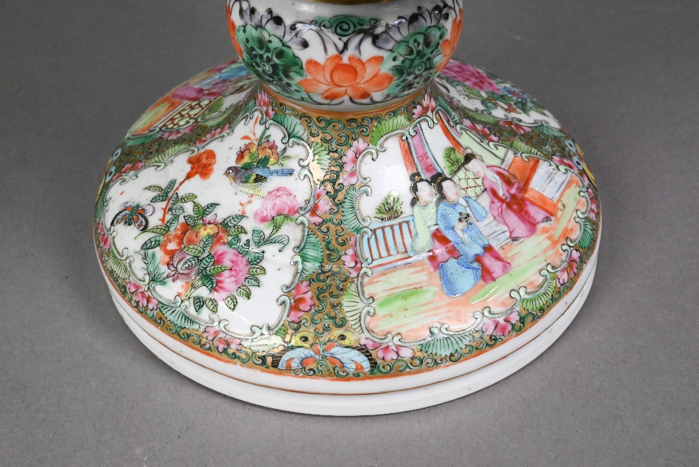 A late 19th century Chinese Canton famille rose stand (lamped) gilded and painted with figures, - Image 4 of 8