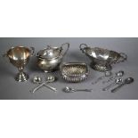 Oval silver mustard, navette open salt with two scroll handles, half-reeded open salt, small