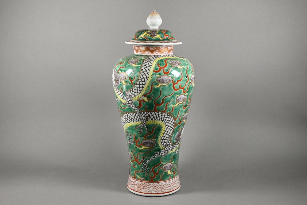 A mid 20th century Japanese Arita Aoki Brothers famille verte baluster vase with domed cover