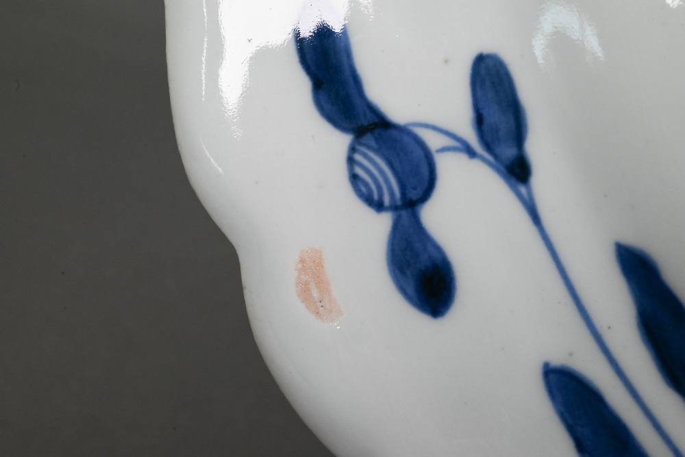 A 19th century Japanese blue and white floriform charger, painted with a goose and bamboo within a - Image 9 of 10