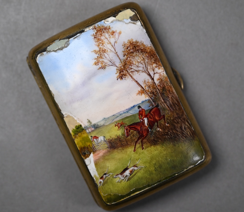 A Victorian silver gilt hip-pocket cigarette case, the hinged cover enamelled with hunting scene a/ - Image 2 of 5