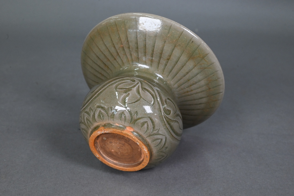 A Chinese Yaozhou celadon cuspidor (zha dou) in the Northern Song dynasty style, incised with - Image 6 of 7