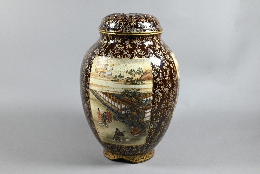 A Japanese Kyo-Satsuma Kinkozan potpourri vase and reticulated cover painted by Sozan, Meiji - Image 12 of 26