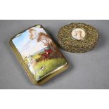 A Victorian silver gilt hip-pocket cigarette case, the hinged cover enamelled with hunting scene a/