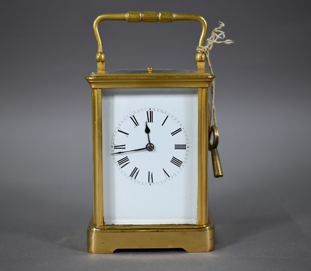 A French lacquered brass 8-day twin drum hour repeat carriage clock, with white enamelled roman - Image 2 of 4