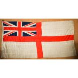 A WWII period Royal Navy ensign, of stitched panels with 'union jack' to top corner, stencilled 'C