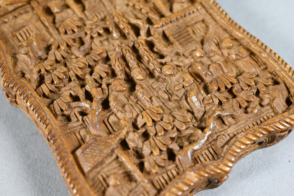 A 19th century Chinese Canton sandalwood card case profusely carved with a village scene, - Image 7 of 10