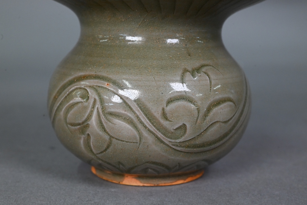 A Chinese Yaozhou celadon cuspidor (zha dou) in the Northern Song dynasty style, incised with - Image 5 of 7