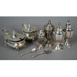 Various silver condiments, including Adam Revival pepperette and cayenne pepper-pot c/w spoon,