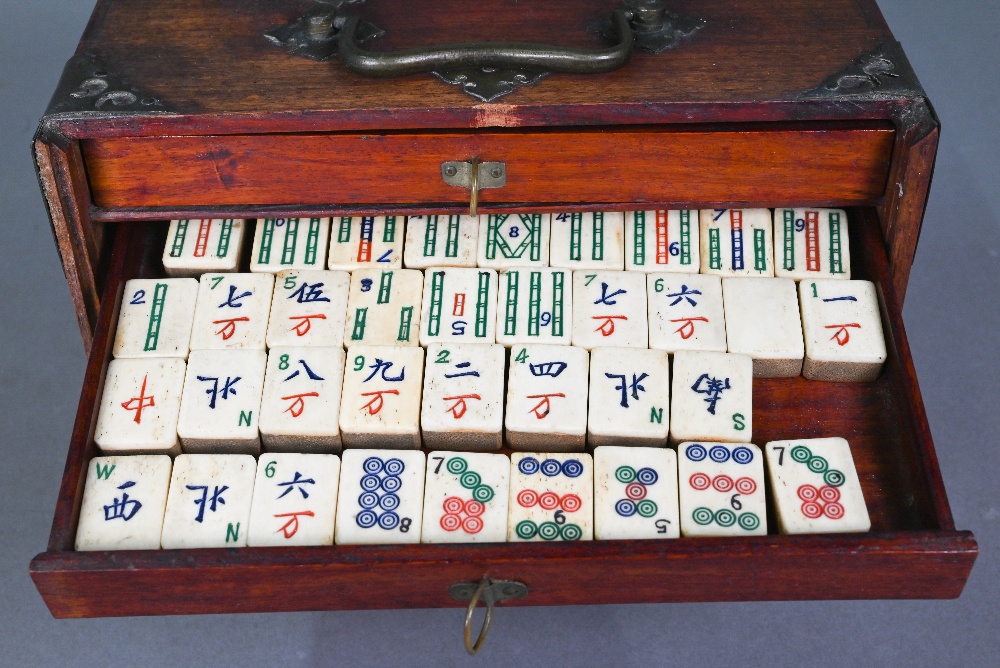 A Chinese Mah Jong set, the hardwood brass mounted case having two brass handles and sliding front - Image 7 of 12