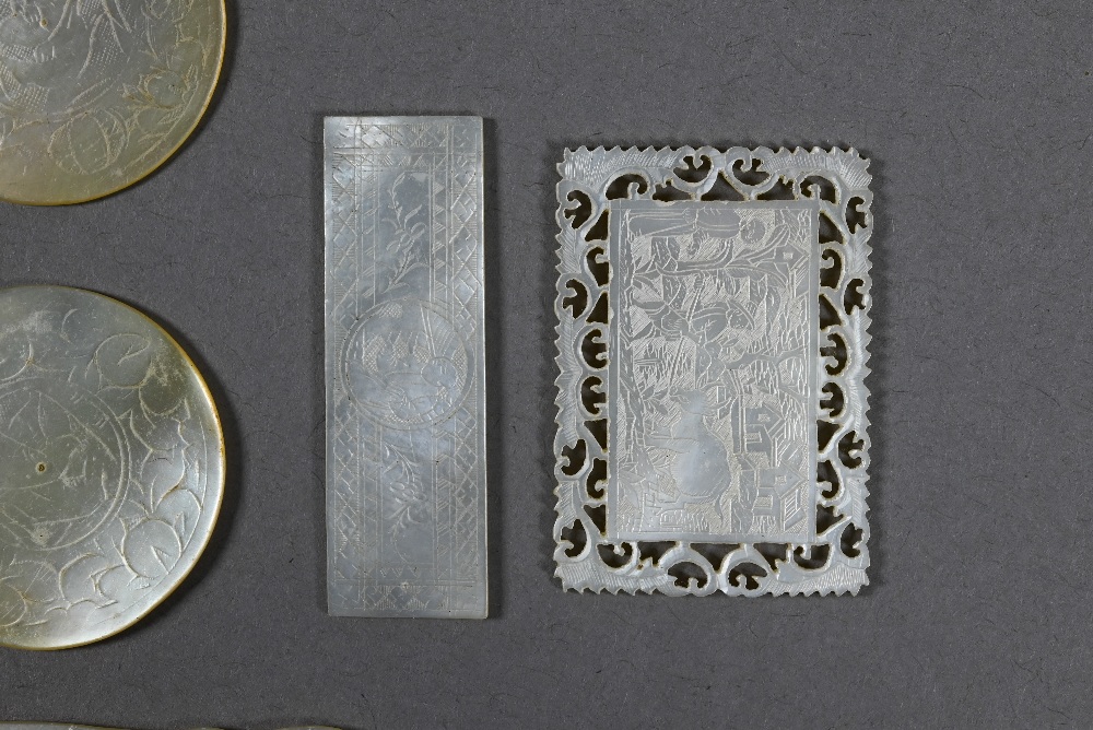 A collection of 18th and 19th century Chinese mother-of-pearl gaming counters including a mounted - Image 4 of 10