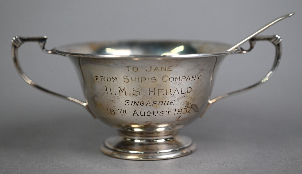 Cased silver two-handled Christening bowl and spoon, Birmingham 1930, to/w a late Victorian cased - Image 3 of 4