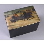 A 19th century Russian lacquered papier maché tea caddy, the cover painted with a family in horse-