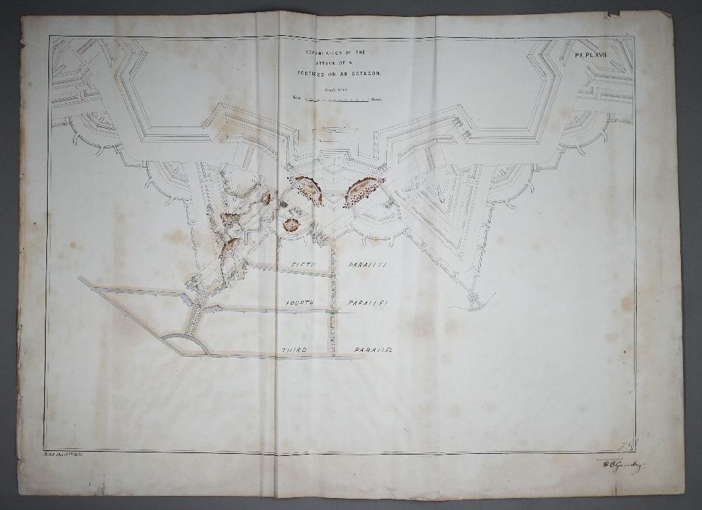 Five pen and watercolour plans for attacking fortress defences, Royal Military Academy 1875, - Image 3 of 7