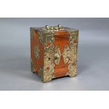 A Chinese rosewood jewellery or keepsake cabinet with engraved brass mounts and top handle, the