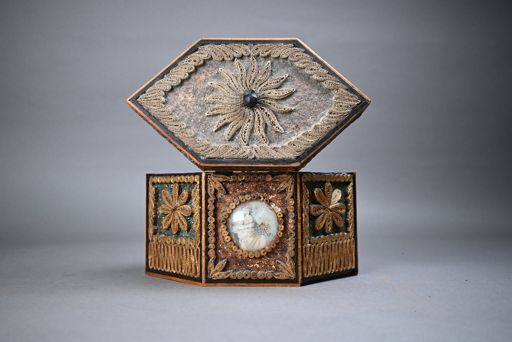 A George III tea caddy decorated with gilded rolled paper and crystal shards, and inset with two - Image 4 of 7