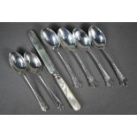 Four Albany pattern silver coffee spoons and two golf spoons, 2.6oz, to/w a silver tea-knife with