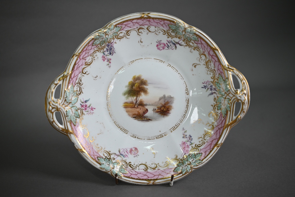 Victorian Davenport china fruit stand painted with a lake landscape within pink and gilt border, - Image 5 of 6