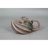 A Chinese naturalistic Yixing teapot and cover with mouse finial and looping vine handle, the body