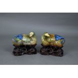 A pair of 18th century Chinese recumbent ducks, the well modelled naturalistic figures with their