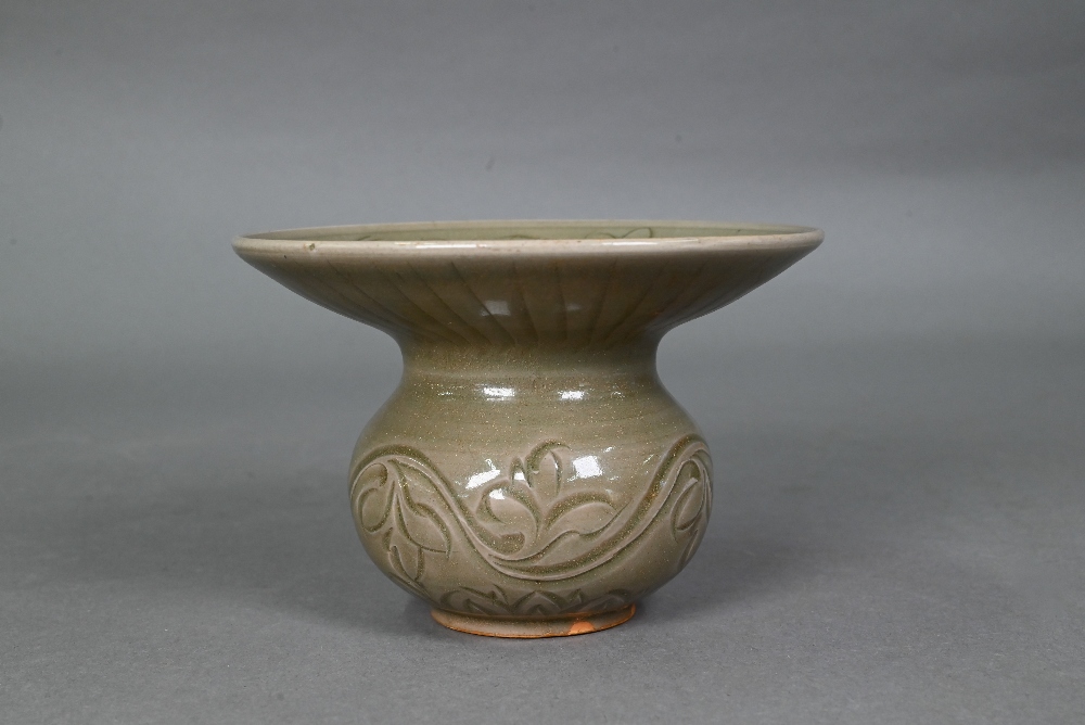 A Chinese Yaozhou celadon cuspidor (zha dou) in the Northern Song dynasty style, incised with - Image 2 of 7