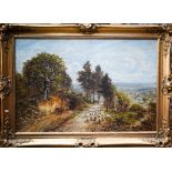 George Mote (1832-1909) - A Surrey landscape with sheep on a country track, oil on canvas, signed