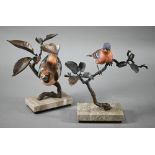 Two Albany Fine China Ltd birds perched on bronze branches, on marble bases, Hawfinch and Chaffinch,