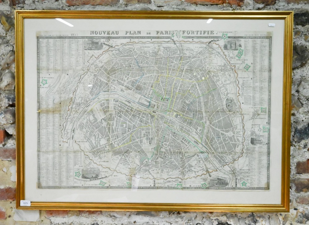 French steel map engraving 'Nouveau Plan de Paris Fortifiée' 1855, 59 x 87 cm framed and glazed