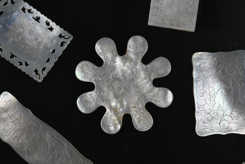 A collection of 18th and 19th century Chinese mother-of-pearl gaming counters including a mounted - Image 8 of 10