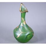 Loetz-style Art Nouveau irridescent green glass vase of organic form, hand-gilded with stylised