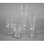 Two Georgian fluted ale glasses with tapering bowls, 19/15 cm to/w a spiral-fluted bonnet glass