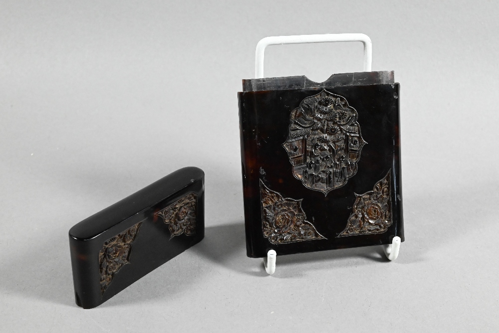 A 19th century Chinese Canton tortoiseshell card-case carved with floral designs around the - Image 7 of 9