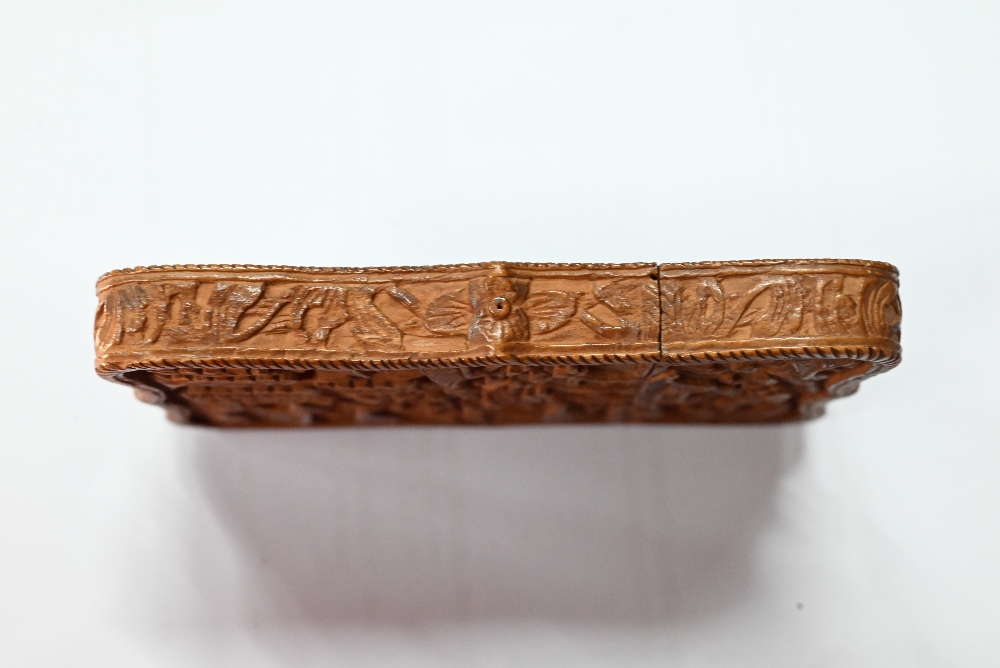 A 19th century Chinese Canton sandalwood card case profusely carved with a village scene, - Image 10 of 10