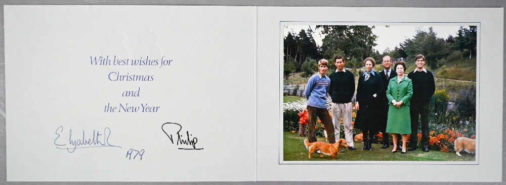 HM Queen Elizabeth II and HRH the Duke of Edinburgh Christmas card with two gilt cyphers to front,