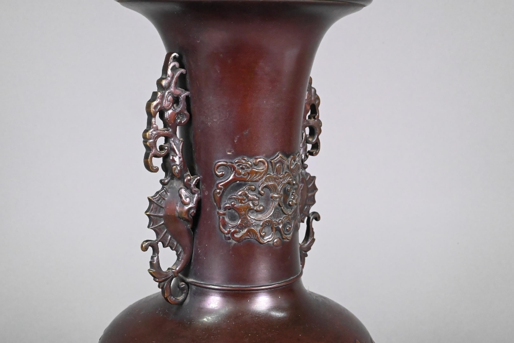 A pair of late 19th or early 20th century Japanese bronze vases, the flaring necks with archaistic - Image 3 of 7