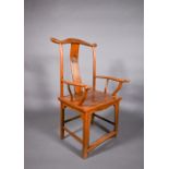 An Chinese elm 'officials hat' chair, the vertical splat with ruyi head device, first half 20th