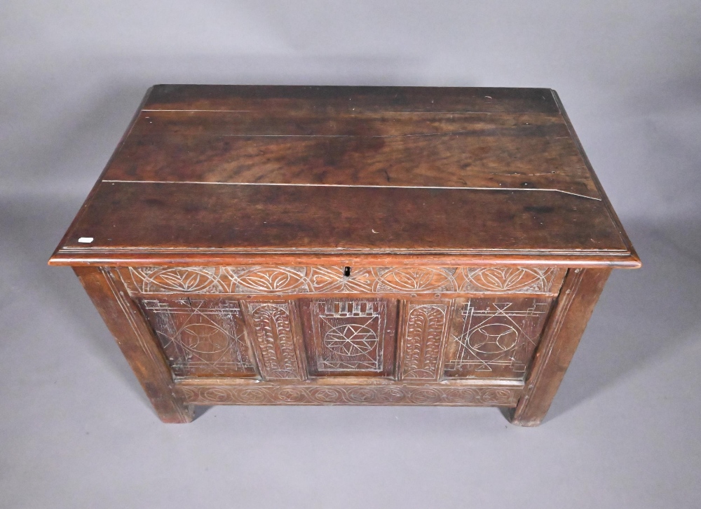 An early 18th and later oak coffer, with lunette carved frieze over a trio of incised panels, on - Image 3 of 8