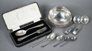 Engraved silver bowl, Martin, Hall & Co Ltd, Sheffield 1928, 11cm, to/w a pair of sauce ladles,
